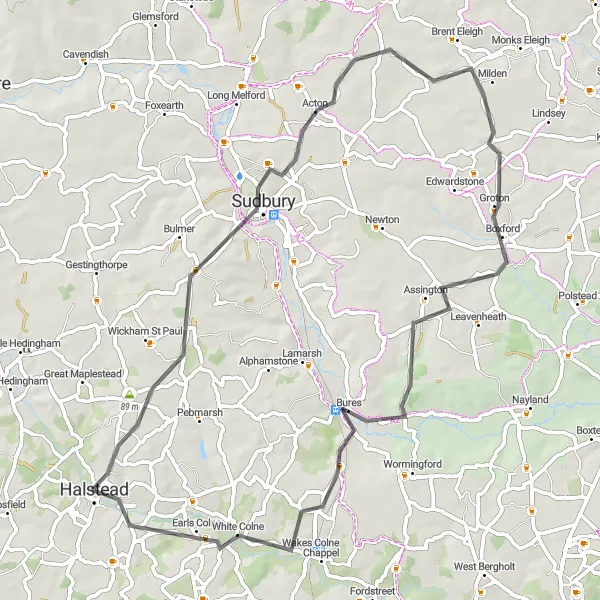Map miniature of "The Sudbury Loop" cycling inspiration in Essex, United Kingdom. Generated by Tarmacs.app cycling route planner