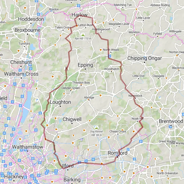 Map miniature of "Harlow to Great Parndon Gravel Route" cycling inspiration in Essex, United Kingdom. Generated by Tarmacs.app cycling route planner