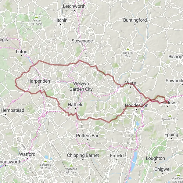 Map miniature of "Harlow to Hare Street Gravel Adventure" cycling inspiration in Essex, United Kingdom. Generated by Tarmacs.app cycling route planner