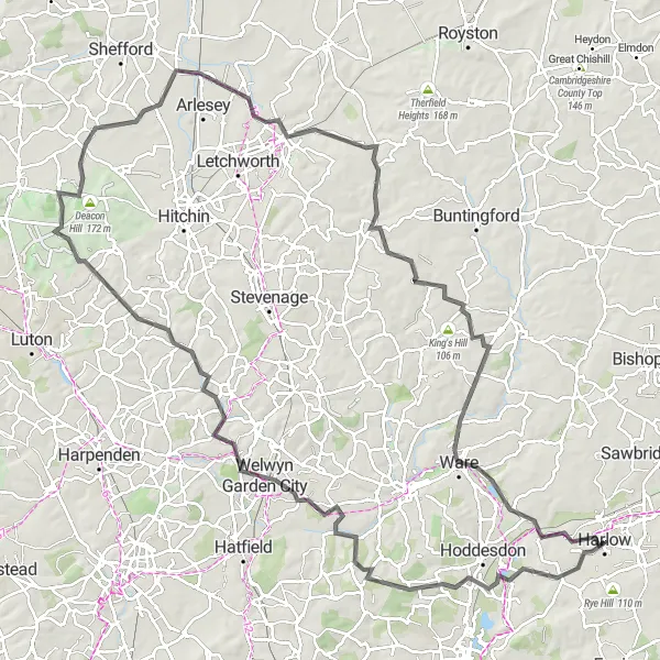 Map miniature of "The Ultimate Hertfordshire Challenge" cycling inspiration in Essex, United Kingdom. Generated by Tarmacs.app cycling route planner