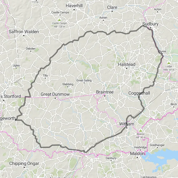 Map miniature of "The Essex Countryside Exploration" cycling inspiration in Essex, United Kingdom. Generated by Tarmacs.app cycling route planner