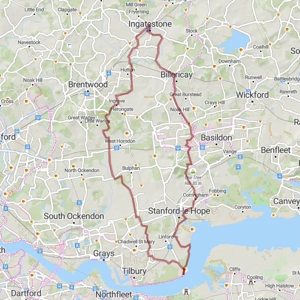 Map miniature of "The Hillside Gravel Adventure" cycling inspiration in Essex, United Kingdom. Generated by Tarmacs.app cycling route planner