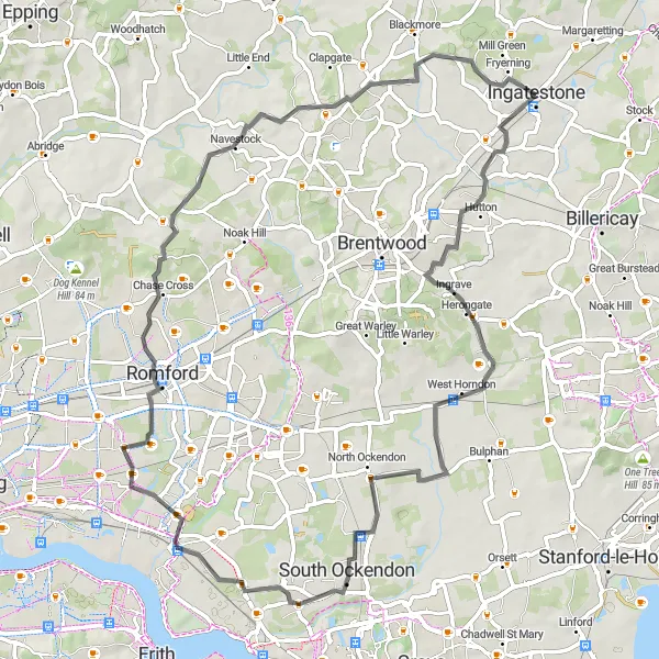 Map miniature of "Ingatestone to Navestock Circular" cycling inspiration in Essex, United Kingdom. Generated by Tarmacs.app cycling route planner