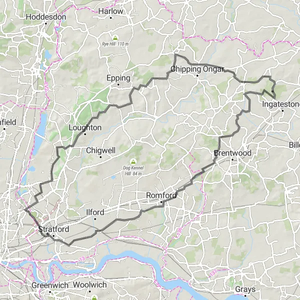 Map miniature of "Ingatestone to High Ongar Circuit" cycling inspiration in Essex, United Kingdom. Generated by Tarmacs.app cycling route planner