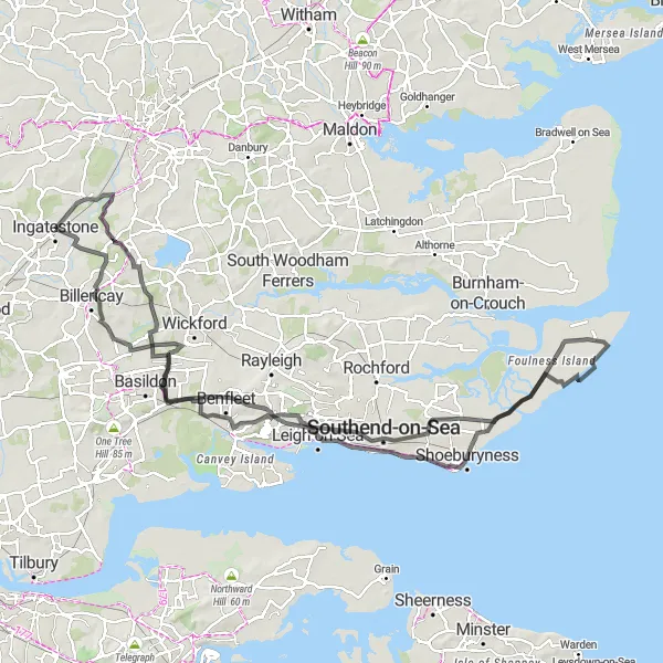 Map miniature of "The Coastal Road Challenge" cycling inspiration in Essex, United Kingdom. Generated by Tarmacs.app cycling route planner