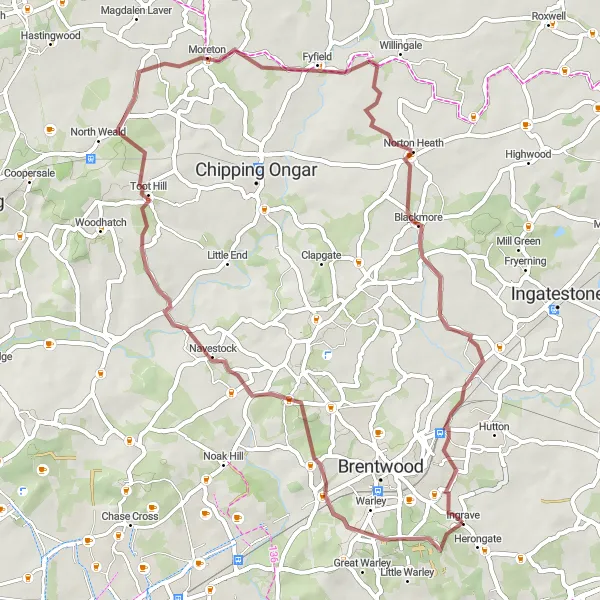 Map miniature of "Gravel Exploration: Forests and Hills" cycling inspiration in Essex, United Kingdom. Generated by Tarmacs.app cycling route planner