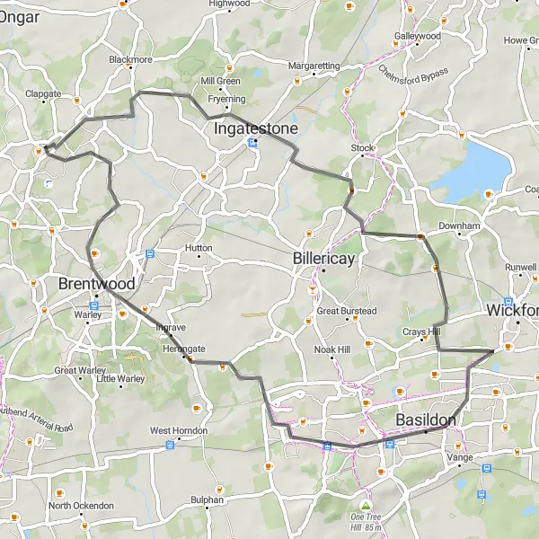 Map miniature of "Serpentine Country Road Explorer" cycling inspiration in Essex, United Kingdom. Generated by Tarmacs.app cycling route planner