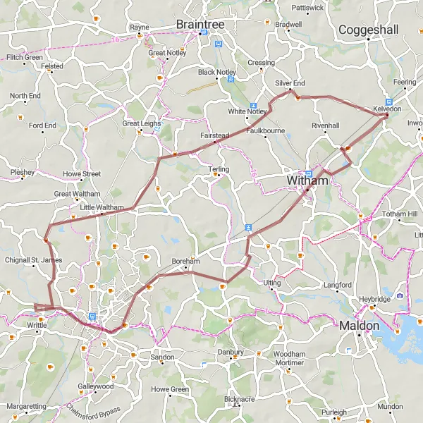 Map miniature of "Scenic Gravel Ride" cycling inspiration in Essex, United Kingdom. Generated by Tarmacs.app cycling route planner