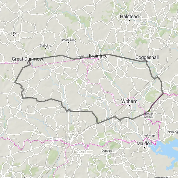 Map miniature of "The Essex Hill Challenge" cycling inspiration in Essex, United Kingdom. Generated by Tarmacs.app cycling route planner