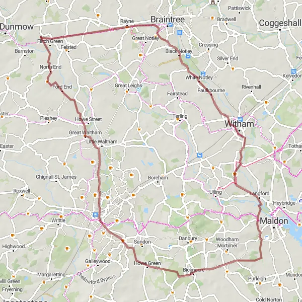 Map miniature of "The Gravel Loop" cycling inspiration in Essex, United Kingdom. Generated by Tarmacs.app cycling route planner