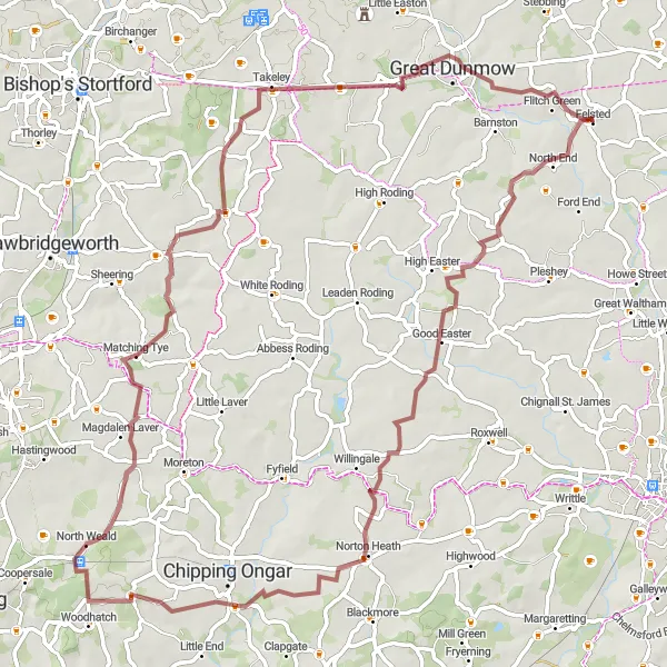 Map miniature of "The Rural Gravels" cycling inspiration in Essex, United Kingdom. Generated by Tarmacs.app cycling route planner