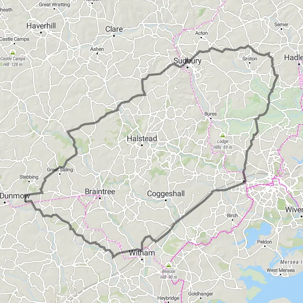 Map miniature of "The Grand Road Tour" cycling inspiration in Essex, United Kingdom. Generated by Tarmacs.app cycling route planner