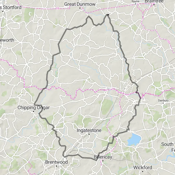 Map miniature of "The Country Escape" cycling inspiration in Essex, United Kingdom. Generated by Tarmacs.app cycling route planner