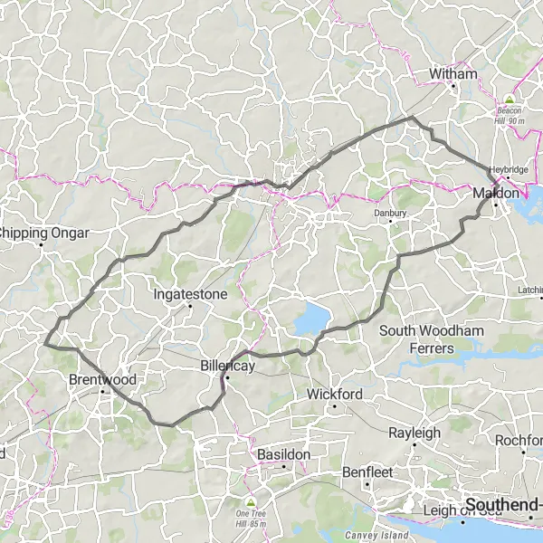 Map miniature of "Essex Explorer" cycling inspiration in Essex, United Kingdom. Generated by Tarmacs.app cycling route planner