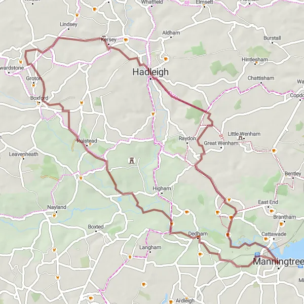 Map miniature of "The Hidden Gems" cycling inspiration in Essex, United Kingdom. Generated by Tarmacs.app cycling route planner