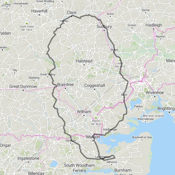 Map miniature of "Essex Loop" cycling inspiration in Essex, United Kingdom. Generated by Tarmacs.app cycling route planner