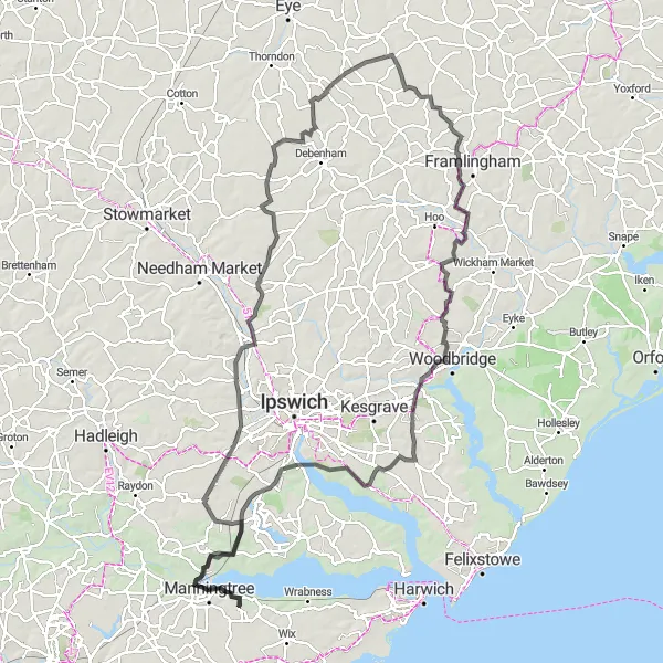 Map miniature of "Explore the Countryside on a Road Cycling Adventure near Mistley" cycling inspiration in Essex, United Kingdom. Generated by Tarmacs.app cycling route planner