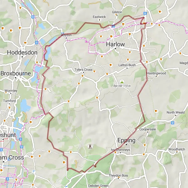 Map miniature of "Epping Woodland Gravel Loop" cycling inspiration in Essex, United Kingdom. Generated by Tarmacs.app cycling route planner