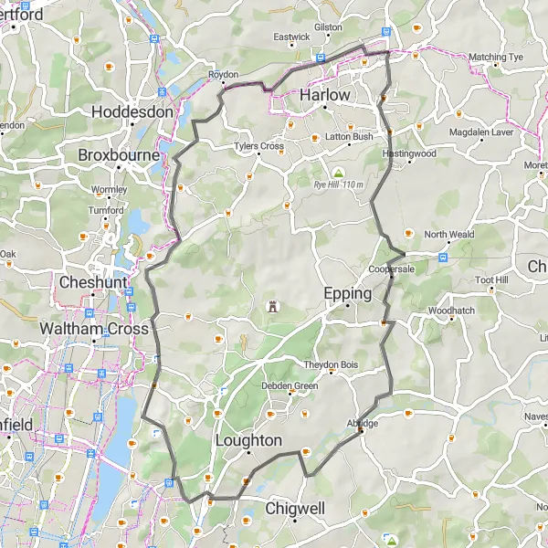 Map miniature of "Hill Cycling: Buckhurst Hill to Little Parndon" cycling inspiration in Essex, United Kingdom. Generated by Tarmacs.app cycling route planner