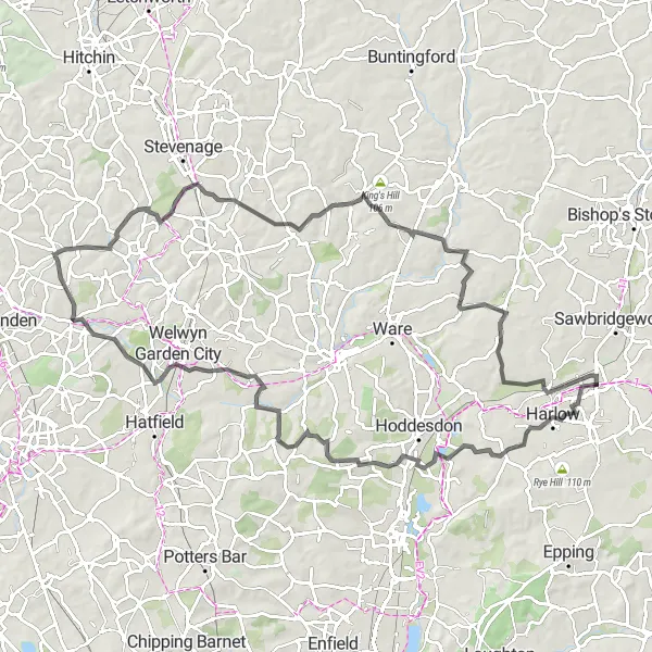 Map miniature of "Challenge Yourself: Broxbourne to Standon" cycling inspiration in Essex, United Kingdom. Generated by Tarmacs.app cycling route planner
