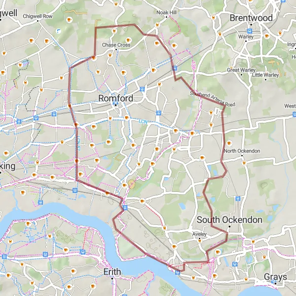 Map miniature of "The Gravel Loop through Essex Countryside" cycling inspiration in Essex, United Kingdom. Generated by Tarmacs.app cycling route planner
