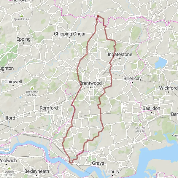 Map miniature of "Gravel Adventure around Upminster" cycling inspiration in Essex, United Kingdom. Generated by Tarmacs.app cycling route planner
