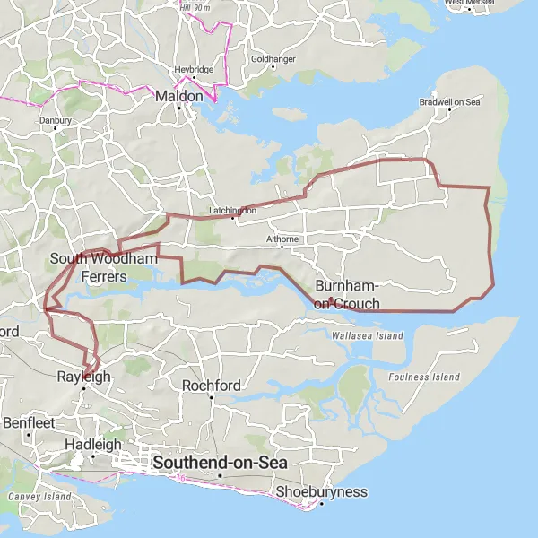 Map miniature of "The Coastal Quest" cycling inspiration in Essex, United Kingdom. Generated by Tarmacs.app cycling route planner