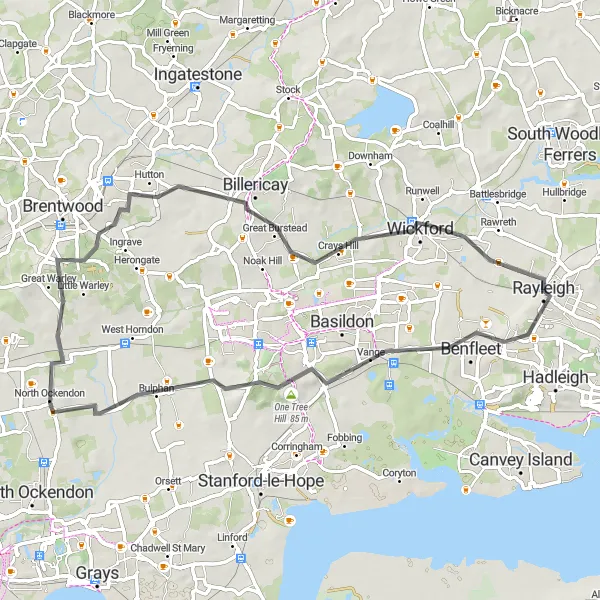 Map miniature of "Rayleigh to One Tree Hill and North Ockendon Road Round-Trip" cycling inspiration in Essex, United Kingdom. Generated by Tarmacs.app cycling route planner