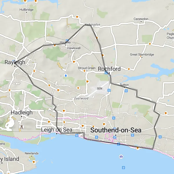 Map miniature of "The Rochford Challenge" cycling inspiration in Essex, United Kingdom. Generated by Tarmacs.app cycling route planner