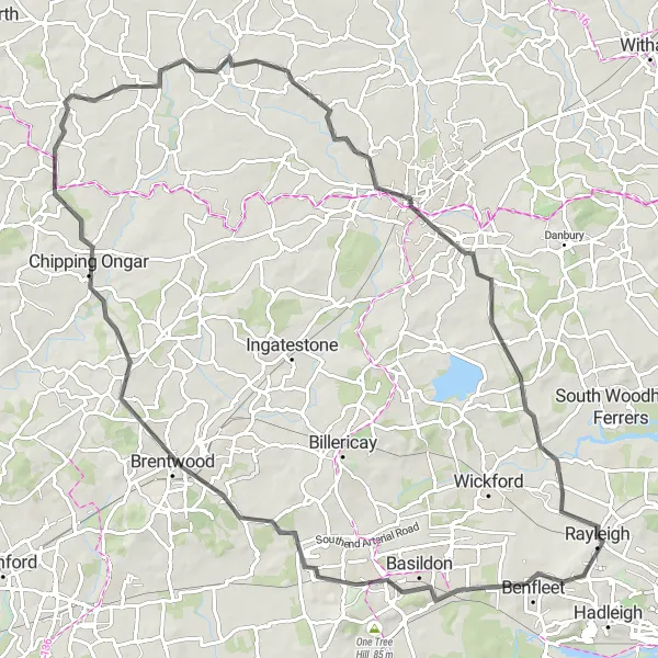 Map miniature of "The Chelmsford Challenge" cycling inspiration in Essex, United Kingdom. Generated by Tarmacs.app cycling route planner