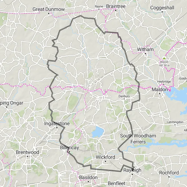 Map miniature of "Rayleigh to Billericay and Good Easter Road Round-Trip" cycling inspiration in Essex, United Kingdom. Generated by Tarmacs.app cycling route planner