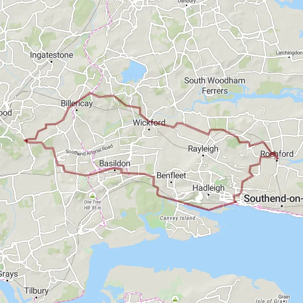 Map miniature of "Gravel Adventure through South Benfleet" cycling inspiration in Essex, United Kingdom. Generated by Tarmacs.app cycling route planner