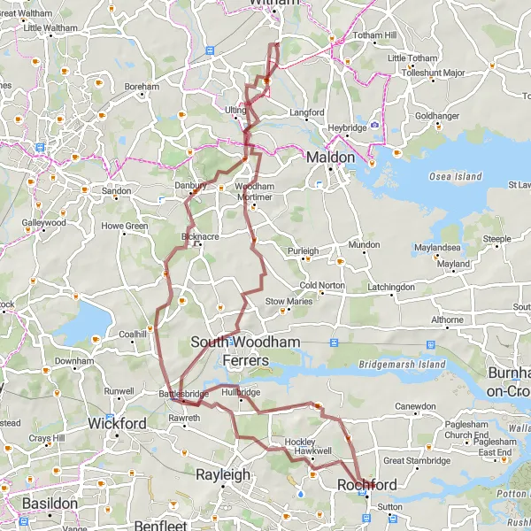 Map miniature of "Discovering the Essex Countryside on Gravel" cycling inspiration in Essex, United Kingdom. Generated by Tarmacs.app cycling route planner
