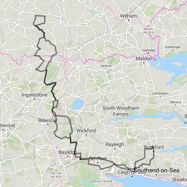 Map miniature of "Exploring the Countryside" cycling inspiration in Essex, United Kingdom. Generated by Tarmacs.app cycling route planner