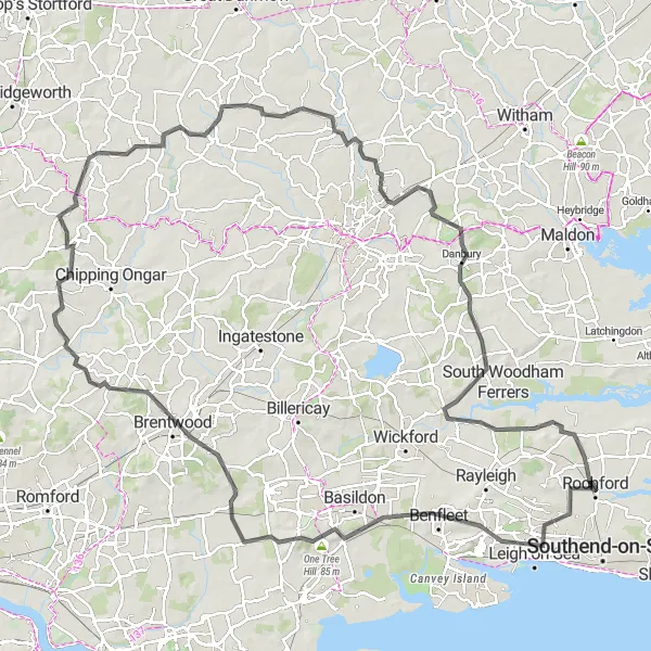 Map miniature of "Challenging Road Cycling Adventure near Rochford" cycling inspiration in Essex, United Kingdom. Generated by Tarmacs.app cycling route planner