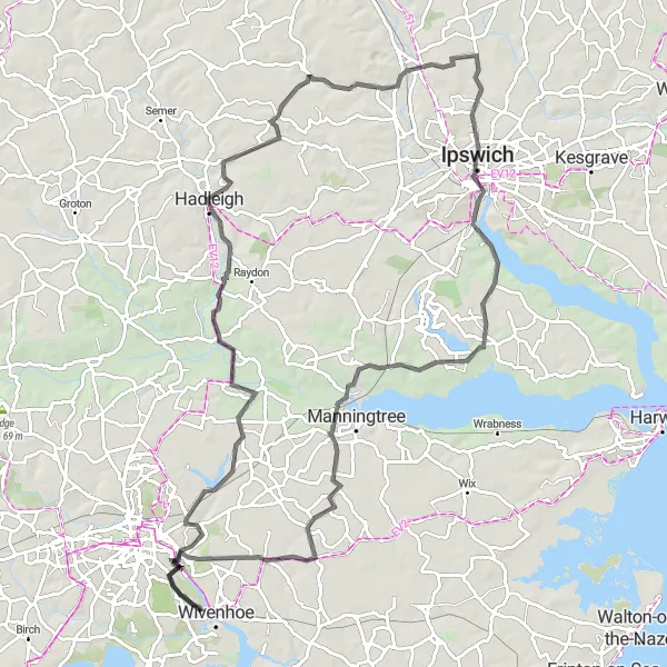 Map miniature of "Manningtree Circuit" cycling inspiration in Essex, United Kingdom. Generated by Tarmacs.app cycling route planner
