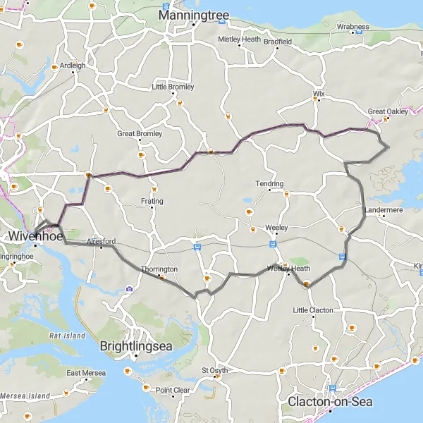 Map miniature of "Coastal Road Cycle" cycling inspiration in Essex, United Kingdom. Generated by Tarmacs.app cycling route planner