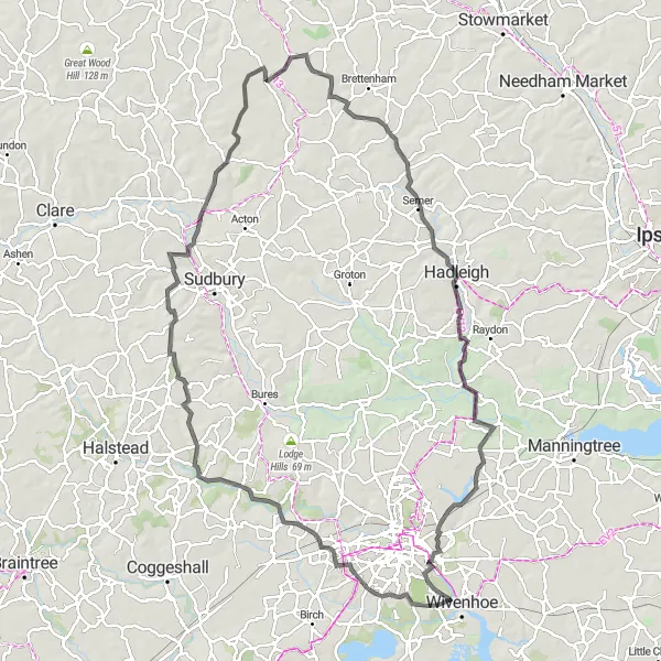 Map miniature of "Countryside Escape" cycling inspiration in Essex, United Kingdom. Generated by Tarmacs.app cycling route planner