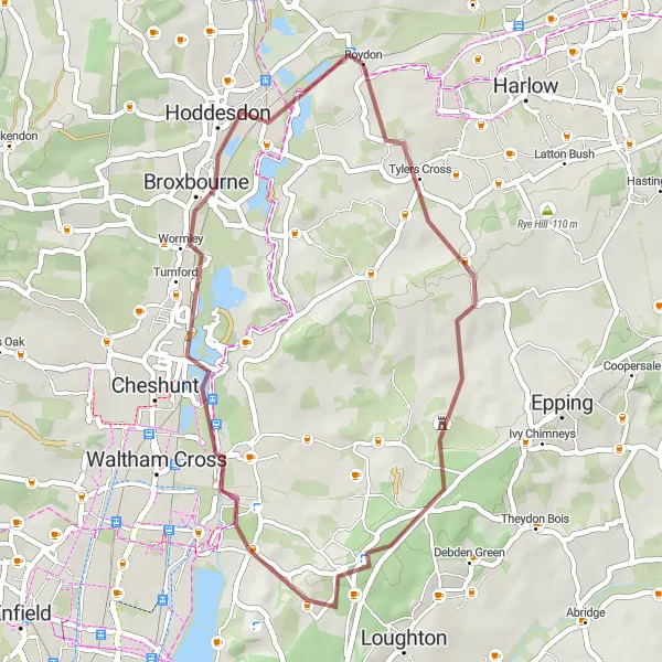 Map miniature of "The Abbeys and Hills Loop" cycling inspiration in Essex, United Kingdom. Generated by Tarmacs.app cycling route planner