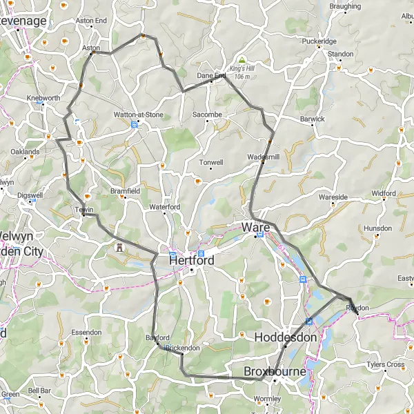 Map miniature of "Roydon and Hoddesdon Loop via Tewin and Dane End" cycling inspiration in Essex, United Kingdom. Generated by Tarmacs.app cycling route planner