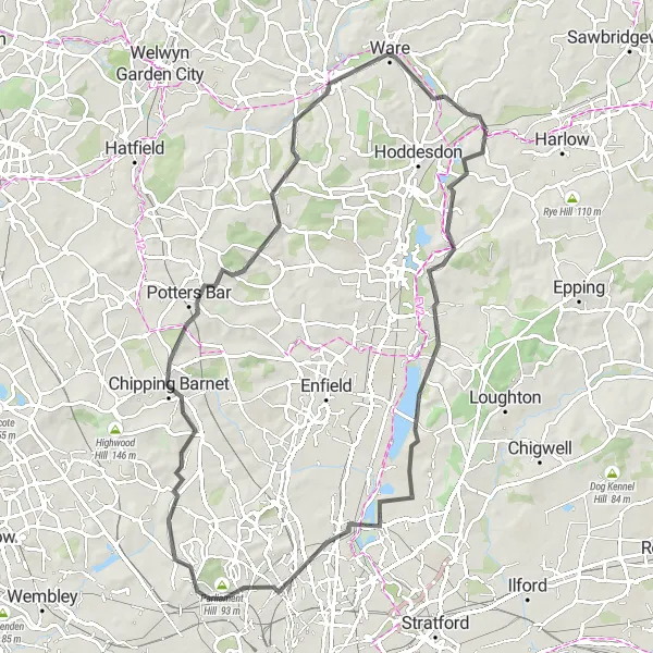 Map miniature of "Roydon Loop via Waltham Abbey and Parliament Hill" cycling inspiration in Essex, United Kingdom. Generated by Tarmacs.app cycling route planner