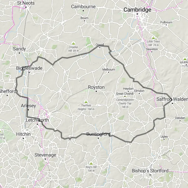 Map miniature of "Challenging Road Loop from Saffron Walden" cycling inspiration in Essex, United Kingdom. Generated by Tarmacs.app cycling route planner