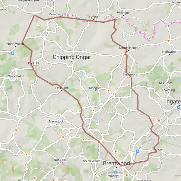 Map miniature of "Brentwood and Blackmore Gravel Loop" cycling inspiration in Essex, United Kingdom. Generated by Tarmacs.app cycling route planner