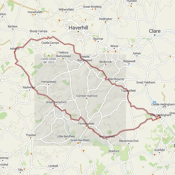 Map miniature of "Hidden Hills and Historic Halls" cycling inspiration in Essex, United Kingdom. Generated by Tarmacs.app cycling route planner