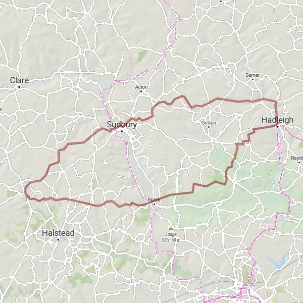 Map miniature of "Suffolk Serenity" cycling inspiration in Essex, United Kingdom. Generated by Tarmacs.app cycling route planner