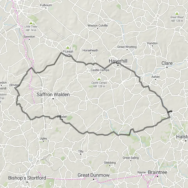 Map miniature of "Bardfield and Beyond" cycling inspiration in Essex, United Kingdom. Generated by Tarmacs.app cycling route planner