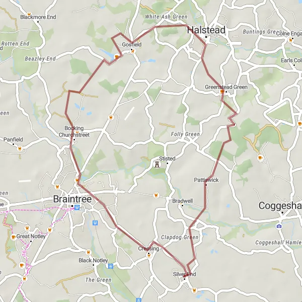 Map miniature of "Cressing Circular" cycling inspiration in Essex, United Kingdom. Generated by Tarmacs.app cycling route planner