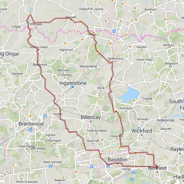 Map miniature of "Basildon to North Benfleet" cycling inspiration in Essex, United Kingdom. Generated by Tarmacs.app cycling route planner
