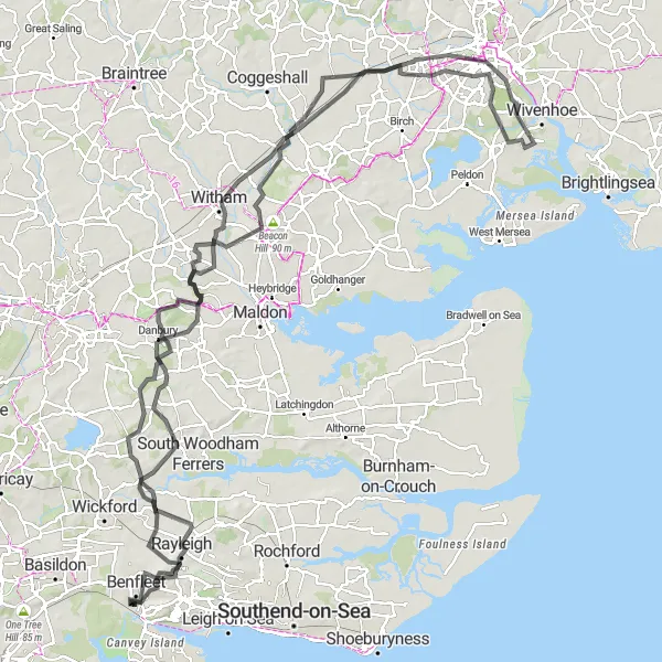 Map miniature of "The South Benfleet Loop" cycling inspiration in Essex, United Kingdom. Generated by Tarmacs.app cycling route planner