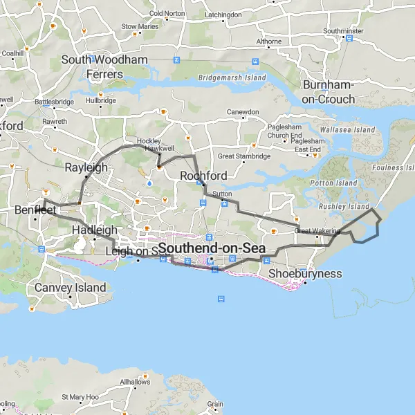 Map miniature of "Rayleigh Ramble" cycling inspiration in Essex, United Kingdom. Generated by Tarmacs.app cycling route planner